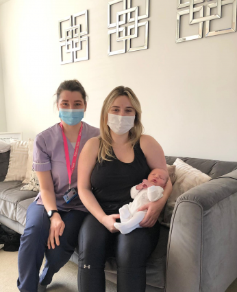 Midwife Issy Brown with mum Olivia who had our first Primrose baby Tyghe