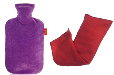 Hot water bottle (left) and a long rectangular heat pack (right)