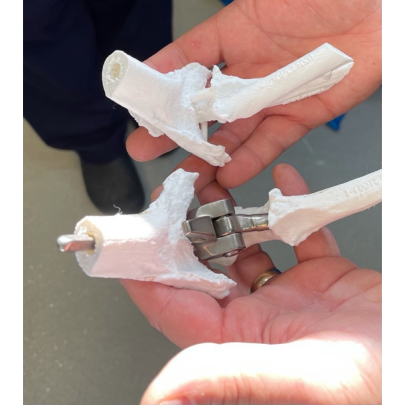 The finished 3D modelled joint and pin being held in someone's hand