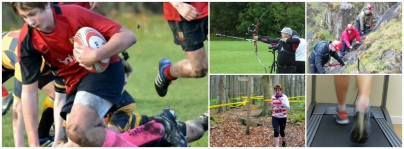 Sporting photo montage including rugby, climbing and running