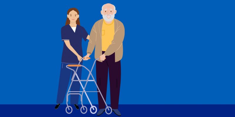 Graphic showing a nurse supporting an elderly patient who is using his walking aid