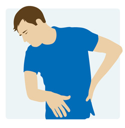 Graphic showing a person slightly bent forward with their hand on their back looking like they are in pain.