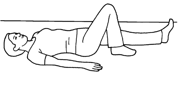 Diagram of a person laying on their back with one leg out straight and the other leg is bent with the their foot flat on the floor