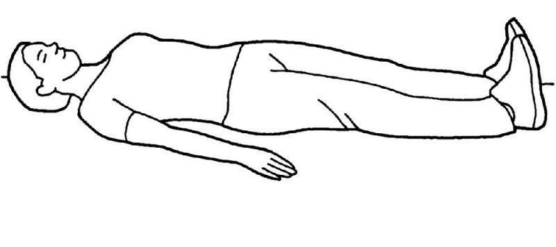 Diagram of a person laying flat on their back with their legs out straight flexing their ankles and pushing knees down firmly against the bed