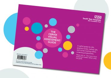 A Pink Cervix Visual Assessment Guide leaflet with blue, purple, grey and yellow circles on it. The leaflet contains the South Tees Hospitals NHS Foundation Trust logo on it.