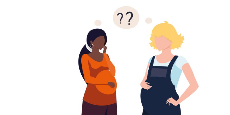 Graphic of two pregnant ladies with a thought bubble above their heads which contains question marks
