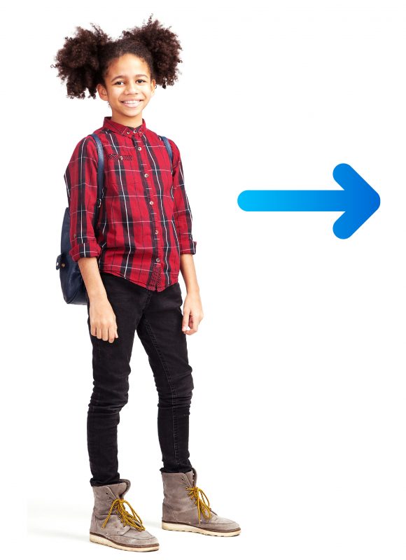 Young teen smiling and an arrow alongside them signifying movement