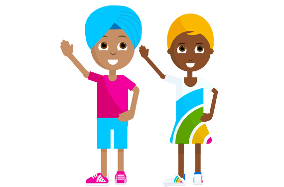 Graphic of a young boy and girl waving