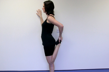 Supporting yourself against a wall bend the affected knee by lifting your heel upwards by holding your foot and pulling towards your bottom