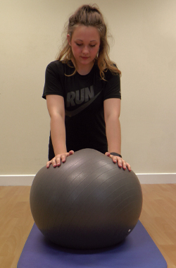 Front view - Kneeling on the floor with both hands placed on the top of the ball, elbows out straight