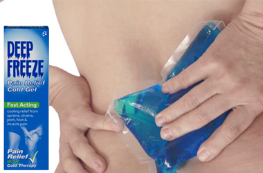 Gel pack held on lower back (right). Deep freeze medication (left)