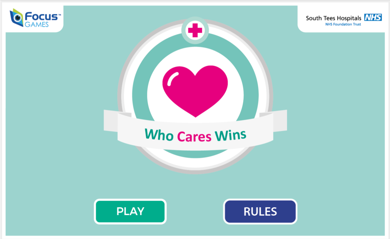 A screen shot of the Who Cares Wins game. A red illustrated heart with a banner under it saying Who Cares Wins. A play button and rules button sit underneath the logo.