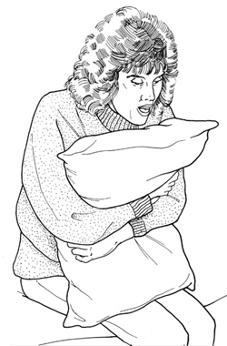 Illustration of a person holding a pillow against their stomach supported with their hands.