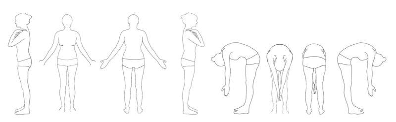 Line drawings of a variety of standing and bending over positions