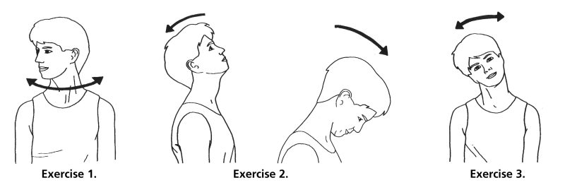 Line drawings, illustrating each of the neck exercises 1 to 3.