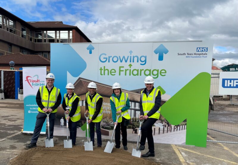 Ashley Dale, Sue Page, MP Rishi Sunak, Susan Watson and Vince Connolly with spades on the building site