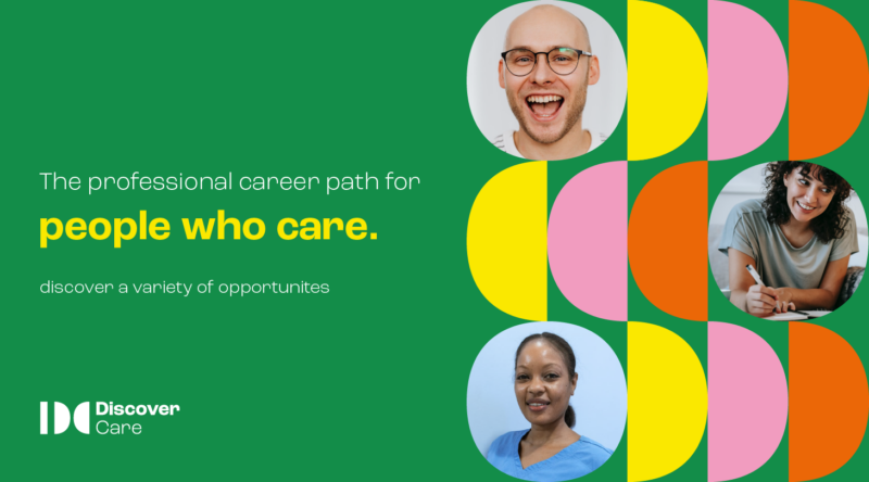 Image featuring the faces of 2 women and one man on colourful background. The professional career path for people who care. Discover a variety of opportunities.