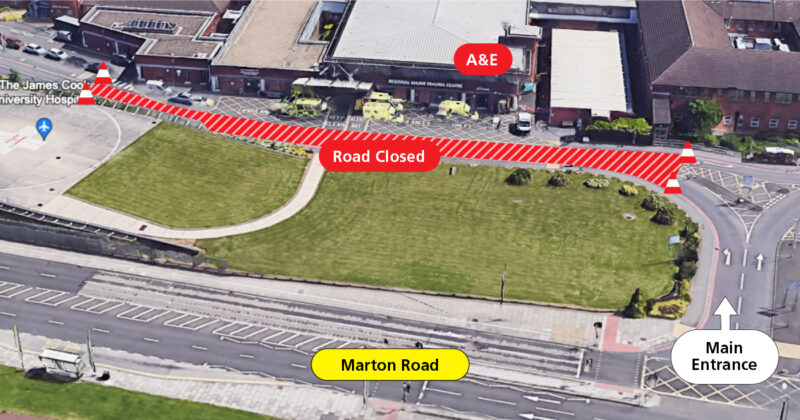 Map showing temporary road closure in front of emergency department at James Cook