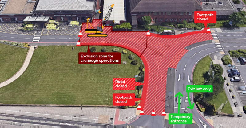 Map showing road and footpath closure area