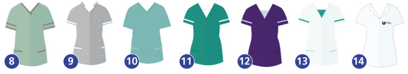 Staff uniforms - Numbered 8 to 14 for reference