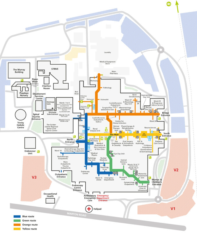 Map of the James Cook University Hospital highlighting the orange and yellow routes