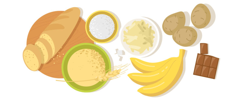 Illustrations of a few carbohydrate related foods - bread, wheat, potatoes chocolate and bananas