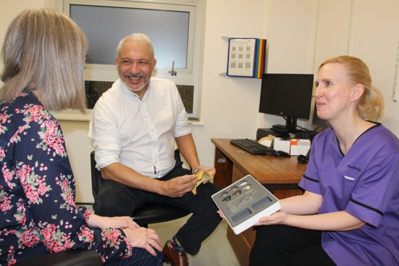 Fiona Klimczak with ENT surgeon Anirvan Banerjee and audiologist Lisa Kennedy at The James Cook University Hospital