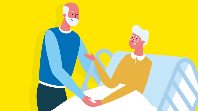 A illustration of a visitor at a patient's bedside