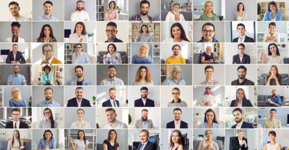 Collage of happy multicultural business people. Human face database. A collection of portraits of images of men and women in one image.