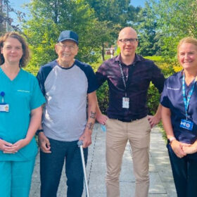 Claire Elliott (clinical trial practitioner), Dr Darren Leaning (consultant clinical oncologist) patient Ronald Davison and Dionne Limmer (nuclear medicine)