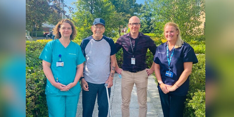 Claire Elliott (clinical trial practitioner), Dr Darren Leaning (consultant clinical oncologist) patient Ronald Davison and Dionne Limmer (nuclear medicine)