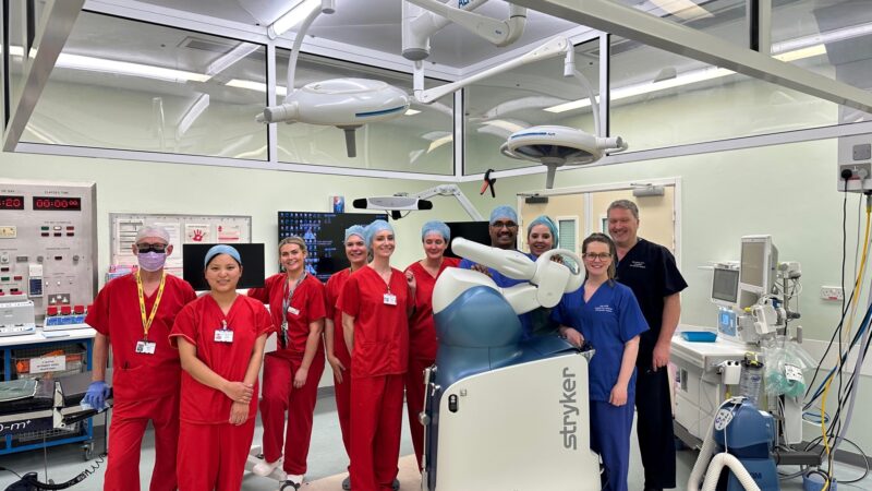 The Friarage theatre team with the new orthopaedic robot.