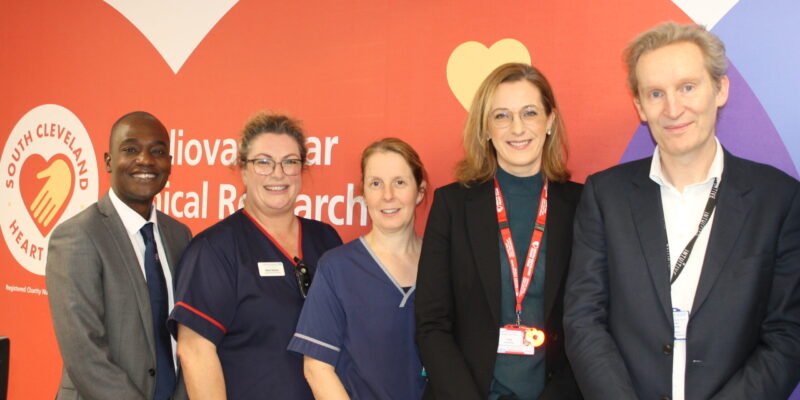 Enoch Akowuah, Maria Stokes, Stacey Stockdale, Rebecca Maier and Joel Dunning (left to right) in the cardiovascular clinical research facility at The James Cook University Hospital