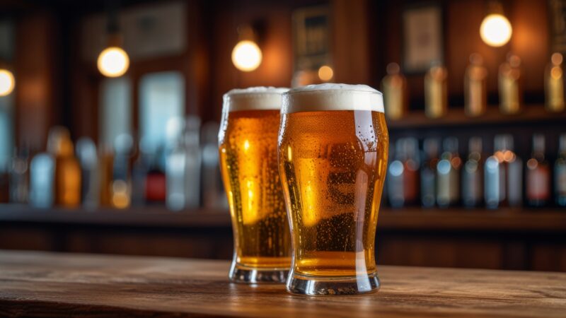 Two pints of beer on a wooden bar