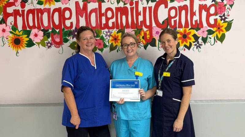 • Lynne Staite, University Hospitals Tees’ head of midwifery, Becky Easton and Clare McMann, Friarage Maternity Centre manager (left to right)