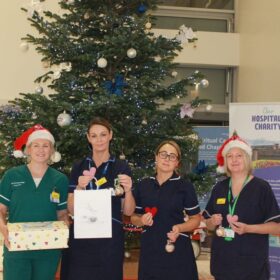 Group of people with baubles in front of a Christmas tree