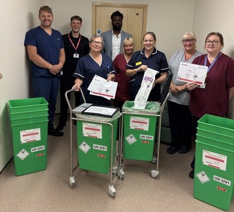 ENT outpatient manager Emily Thornton with team, Sam Davison clinical procurement lead nurse, Alex Andersen, ambu sustainability lead and Nana Eneh, Ambu national sales director