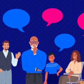 People with speech bubble surrounding them