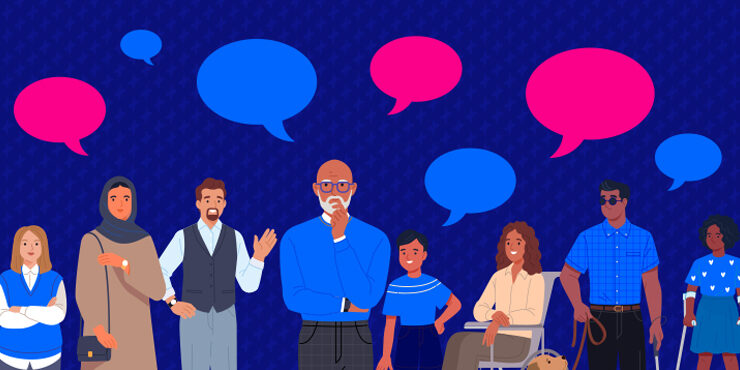 People with speech bubble surrounding them