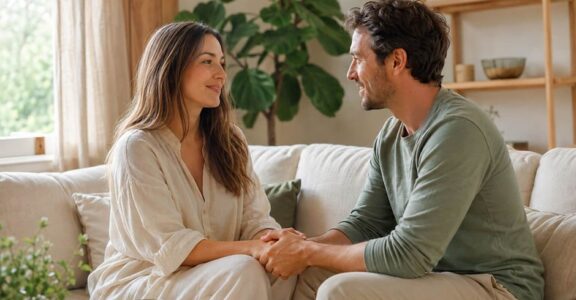 Two people sat on a sofa
