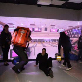 Students during virtual bowling incident in the immersive suite at the Health and Social Care Academy at Hartlepool Hospital