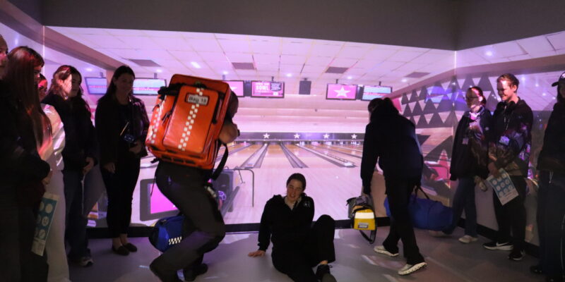 Students during virtual bowling incident in the immersive suite at the Health and Social Care Academy at Hartlepool Hospital