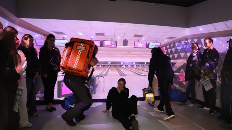 Students during virtual bowling incident in the immersive suite at the Health and Social Care Academy at Hartlepool Hospital