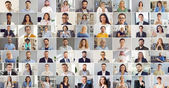 Collage of happy multicultural business people. Human face database. A collection of portraits of images of men and women in one image.