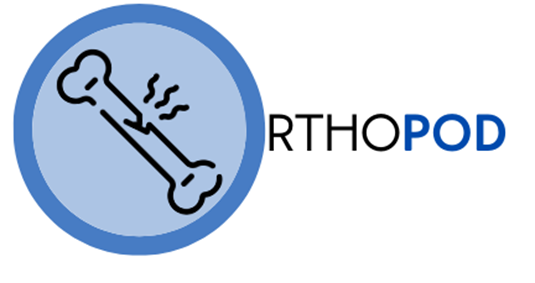 A picture of a bone inside a large blue circle used as the letter O in Orthopod.