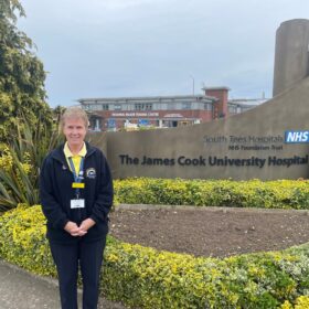 Sue Page outside James Cook main entrance