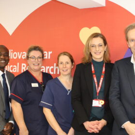 Enoch Akowuah, Maria Stokes, Stacey Stockdale, Rebecca Maier and Joel Dunning (left to right) in the cardiovascular clinical research facility at The James Cook University Hospital
